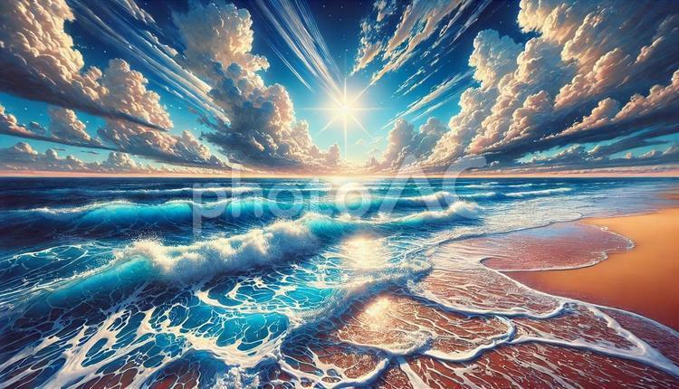 海岸の波と青空の太陽4 - No: 30550812｜写真素材なら「写真AC」無料（フリー）ダウンロードOK