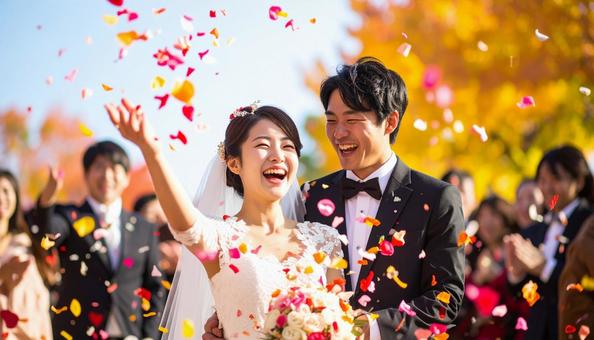 結婚を祝福される日本人新郎新婦の写真