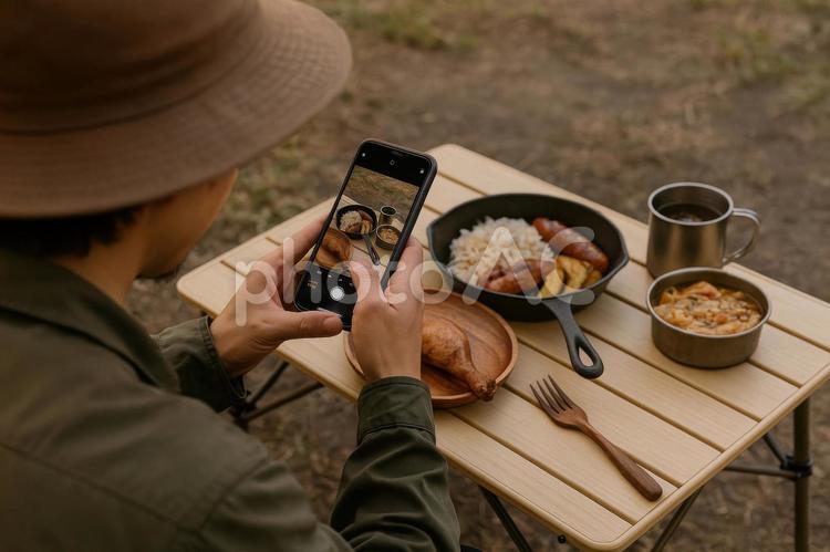キャンプ飯を撮影する風景 キャンプ,ご飯,スマホの写真素材