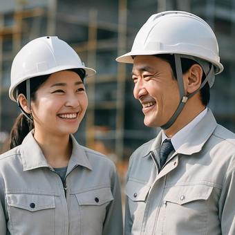 Workers looking at each other with smiles, ai characters, on site, laughing, JPG