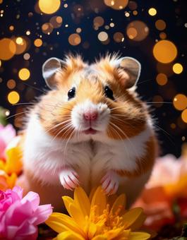 花とハムスター 花とハムスターの写真