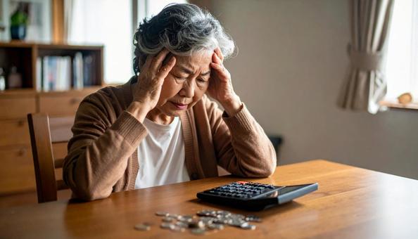 電卓を前に頭を抱える高齢女性 電卓を前に頭を抱える高齢女性の写真