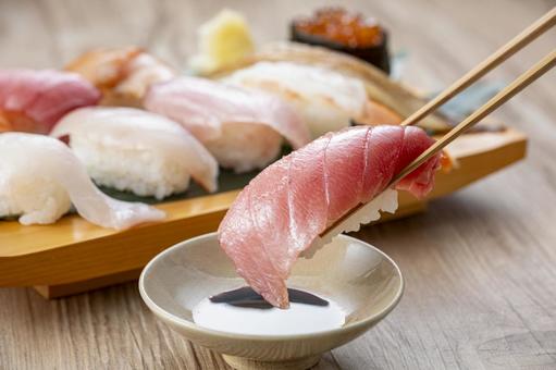 Delicious nigiri sushi served on a plate, JPG