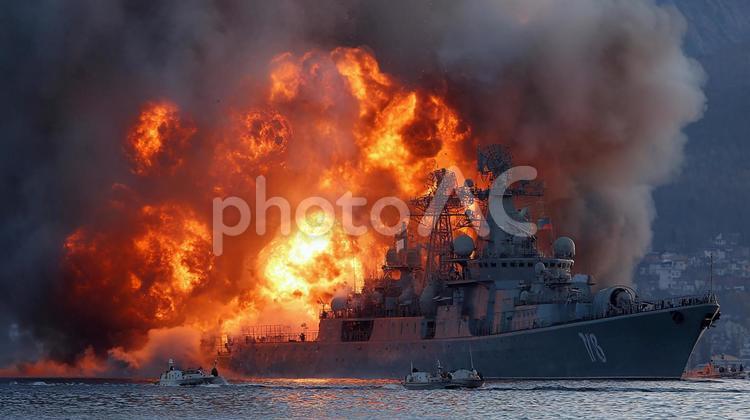 軍艦の壊滅的な攻撃 軍艦,戦争,爆発の写真素材