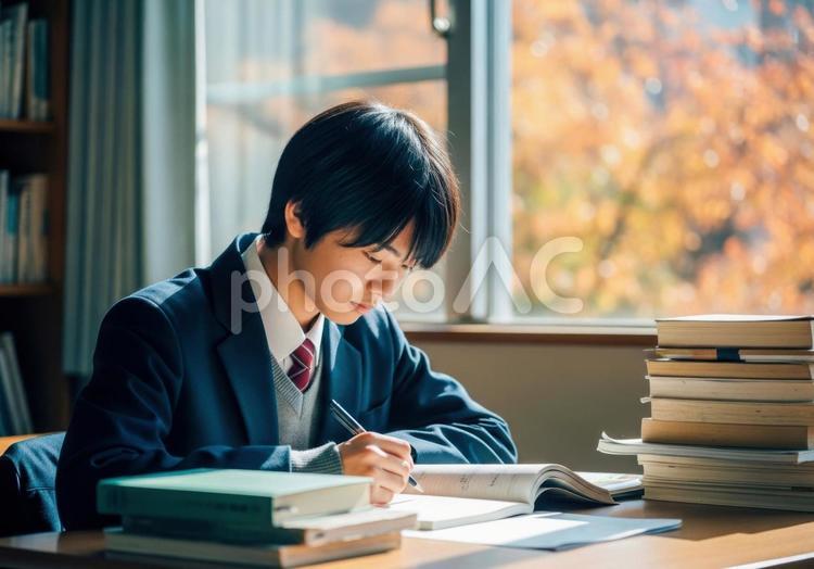 秋の教室で勉強に集中する男子学生 男子学生,高校生,学生の写真素材