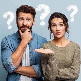 A man and a woman thinking as if searching for a solution, men and women, a couple, couple, JPG