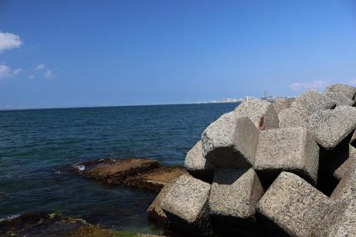 Photo, blue sky, sea, townscape, 