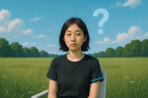 草原に浮かぶ問いと女性の疑問 草原に浮かぶ問いと女性の疑問の写真