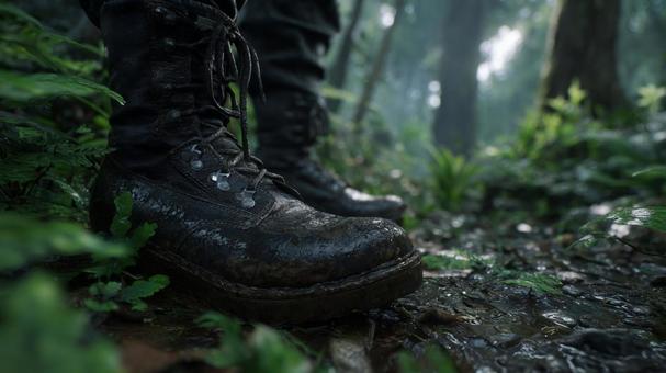 森の小道を歩むトレッキングブーツの写真