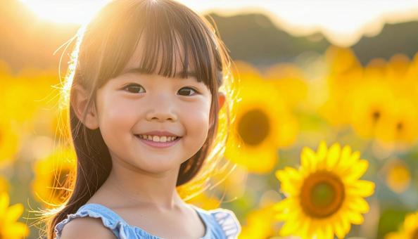 夏のヒマワリの花と少女のポートレート 夏のヒマワリの花と少女のポートレートの写真