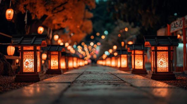 秋祭りのちょうちん並ぶ夜景 秋祭りのちょうちん並ぶ夜景の写真