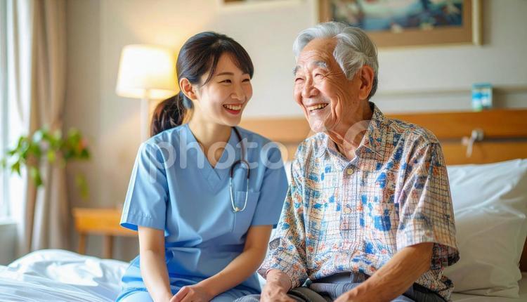 笑顔で話をする女性介護士と高齢男性 女性介護士,訪問介護,在宅介護の写真素材