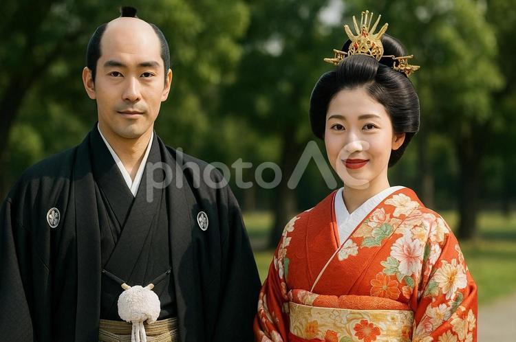 お殿様とお姫様の和装姿・日本の伝統衣装 和装,伝統衣装,お殿様の写真素材