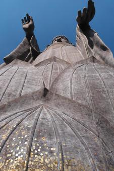 足元に金箔を貼られた牛久大仏を見上げる 牛久大仏,牛久,茨城県の写真素材