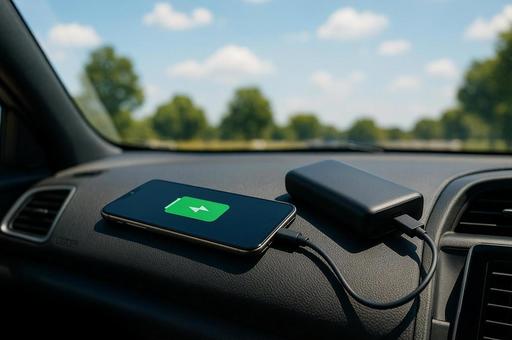 車内放置されたスマホとモバイルバッテリー 車内放置されたスマホとモバイルバッテリーの写真