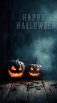 青い霧と木の板に刻まれたハロウィン文字 青い霧と木の板に刻まれたハロウィン文字の写真