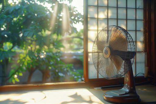 夏の縁側とレトロな扇風機 夏の縁側とレトロな扇風機の写真