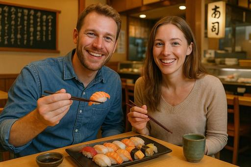 日本で寿司を楽しむ外国人観光客 日本で寿司を楽しむ外国人観光客の写真