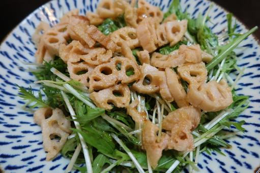 レンコン揚げの中華風サラダ(アップ) レンコン揚げの中華風サラダ(アップ) レンコン,秋,水菜の写真素材