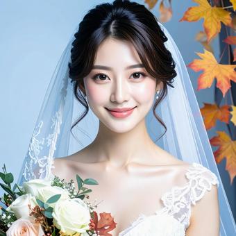 秋のウェデイングドレス姿の花嫁 ブーケ 秋のウェデイングドレス姿の花嫁 ブーケの写真