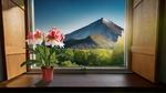 アマリリスと小窓と遠くの山Ai アマリリス,はな,インテリアの写真素材