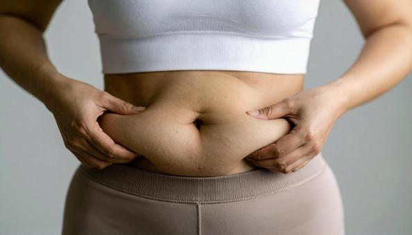 肥満でたるむお腹の贅肉をつまんでいる女性 肥満でたるむお腹の贅肉をつまんでいる女性の写真