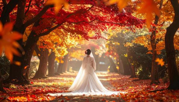 紅葉の中のウェデイングドレス姿の花嫁 紅葉の中のウェデイングドレス姿の花嫁の写真