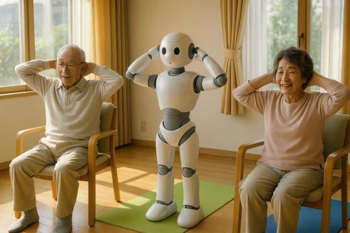 体操をするシニアとロボット 体操をするシニアとロボットの写真