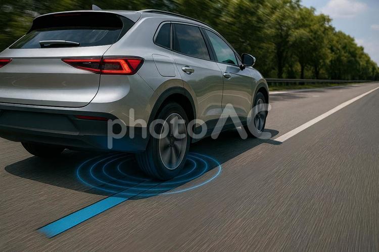 道路から走行中ワイヤレス給電をするEV車 電気自動車,ev,ワイヤレス給電の写真素材