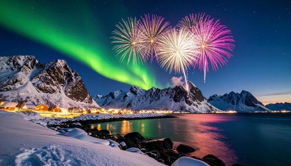 雪山 打ち上げ花火 夜空 オーロラ 雪山 打ち上げ花火 夜空 オーロラの写真