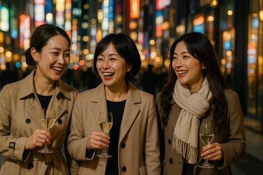 夜の街で楽しむ女性たち 夜の街で楽しむ女性たちの写真
