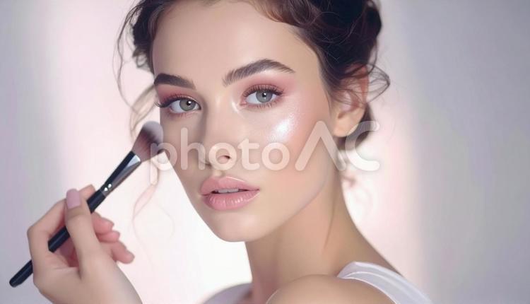 メイク中の透明感美女 女性,メイク,ブラシの写真素材