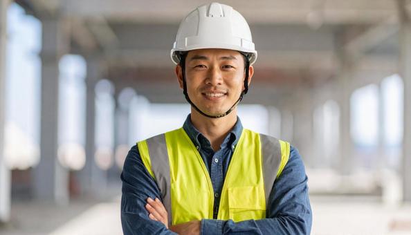 建設現場で腕組する建設作業員 建設現場で腕組する建設作業員の写真