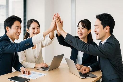 ハイタッチするビジネスチーム・働く男女 ハイタッチするビジネスチーム・働く男女の写真