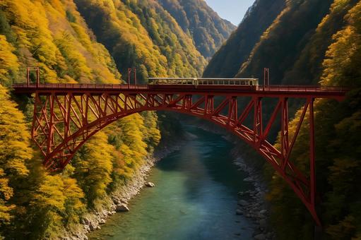 朱色鉄橋とトロッコ列車 朱色鉄橋とトロッコ列車の写真