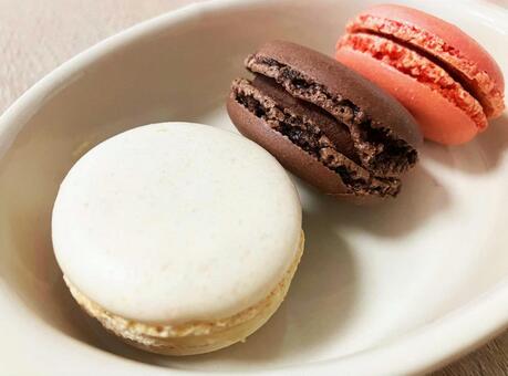 お皿にのった3個のマカロンをアップで マカロン,スイーツ,お菓子の写真素材