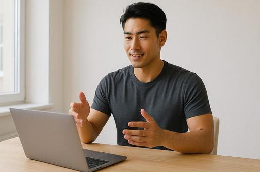 笑顔でオンライン会話する男性の写真