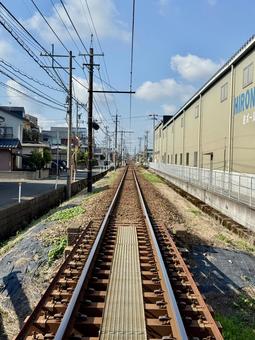 福井の路面電車のレール ローカル,ハピライン福井,レールの写真素材