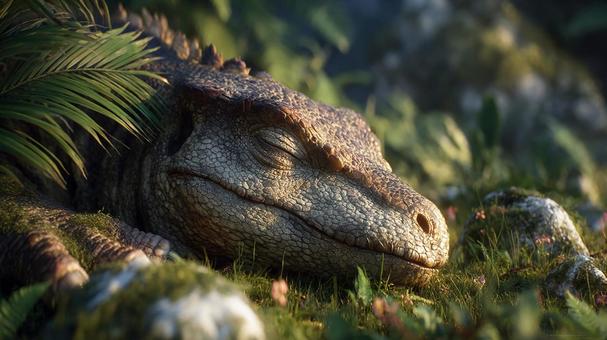 森の中で穏やかに眠る恐竜のリアルな姿の写真