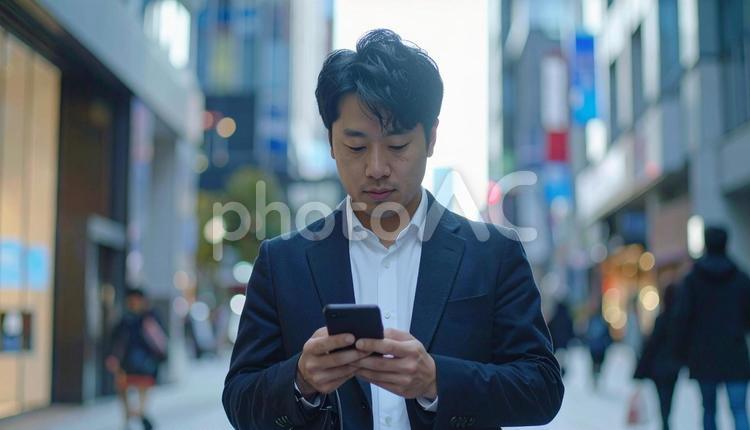 スマホを操作するビジネスマン 男性,ビジネスマン,サラリーマンの写真素材