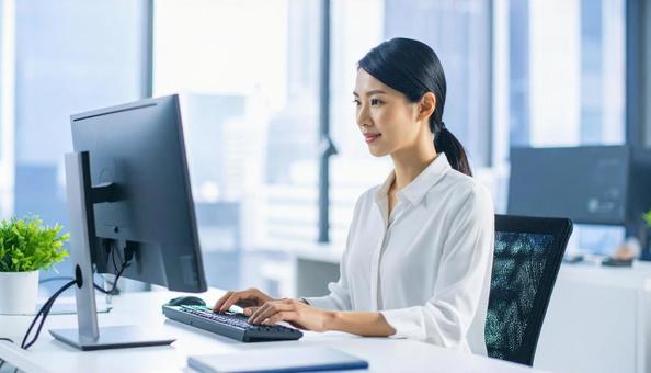 パソコンで仕事する白い服装の女性会社員 パソコンで仕事する白い服装の女性会社員の写真