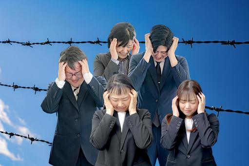 バリケードとビジネスチーム バリケードとビジネスチーム 守る,壁,年功序列の写真素材