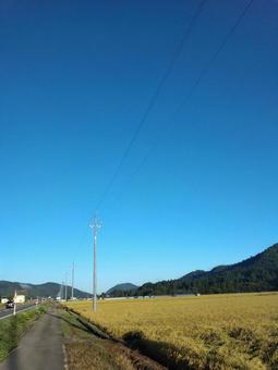 田園風景 朝,山並み,秋空の写真素材