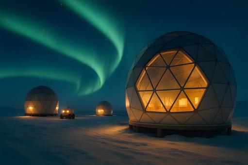 オーロラと極地ドームの写真