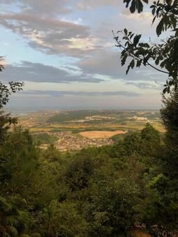 木々に囲まれた高台から見る田園と街の夕景 高台,展望,山の写真素材