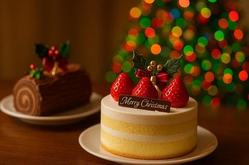 苺のクリスマスケーキとカラフルツリー 苺のクリスマスケーキとカラフルツリーの写真
