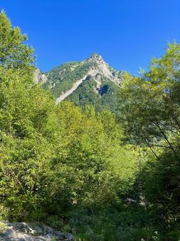梓川から見上げた明神岳 梓川から見上げた明神岳 上高地,梓川,明神岳の写真素材