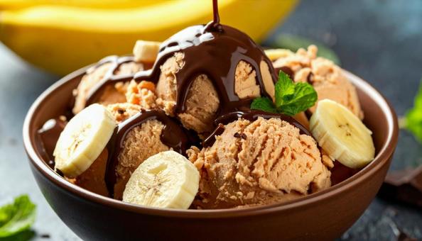 器に入ったチョコレートアイスとバナナ 器に入ったチョコレートアイスとバナナの写真