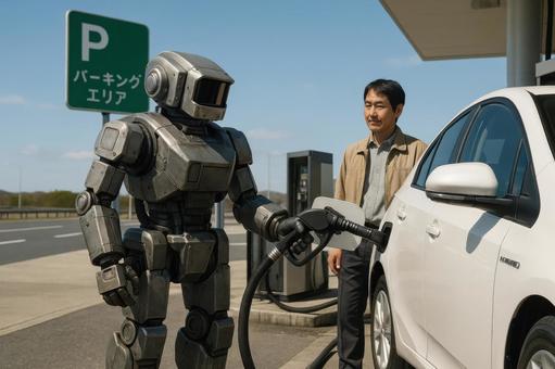 パーキングエリアで給油するロボット パーキングエリアで給油するロボットの写真