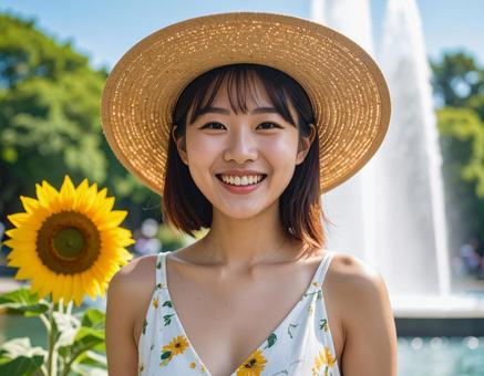 麦わら帽子の彼女と、都市公園の噴水 麦わら帽子の彼女と、都市公園の噴水の写真